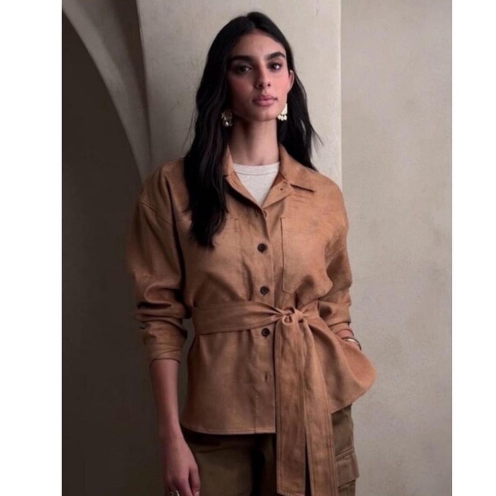 Banana Republic Women's Size XS Vegan Suede Tie-Waist Shirt Jacket Shacket Brown